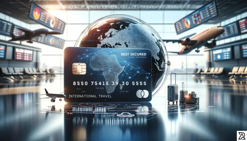 "Photorealistic image showcasing a modern secured credit card designed for international travel. The card, featuring a metallic finish and security chip, is set against a world map background with travel icons like an airplane and suitcase. The scene is framed by a blurred airport terminal in the background, emphasizing the travel theme. The credit card is highlighted with the text 'Best Secured Card Options' in a stylish font, encapsulating the essence of secure and convenient international travel."