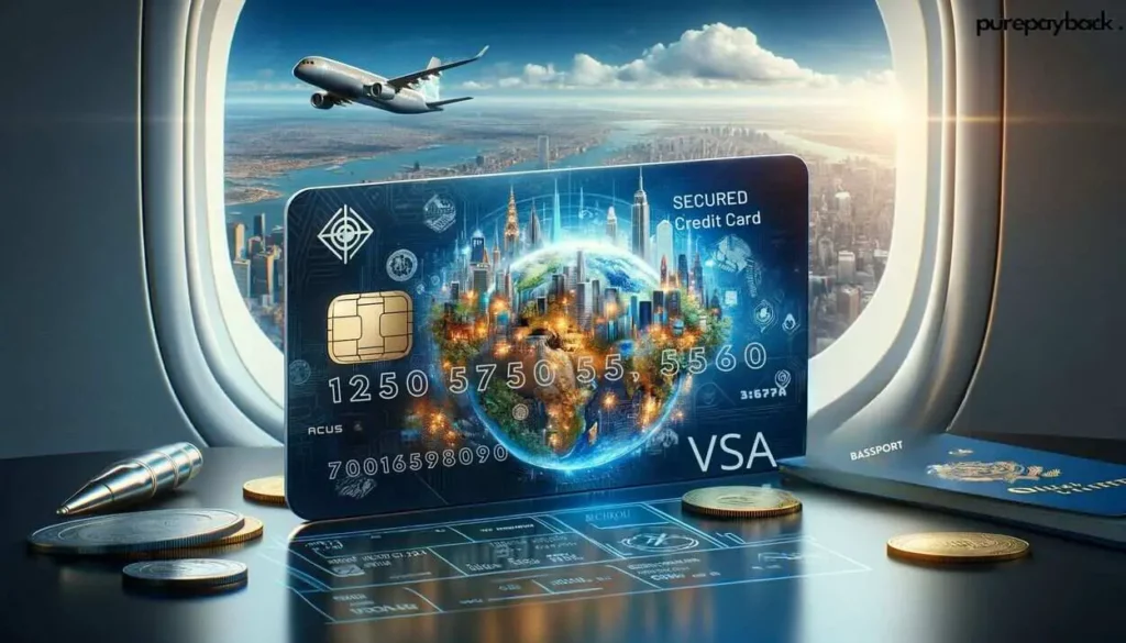 "Photorealistic depiction of an ideal secured credit card for international travel, featuring a glossy and high-tech design with global landmarks and a globe watermark. The card includes advanced security features like a microchip and hologram. Beside the card, icons of a passport, global currencies, and a digital world map are displayed. The background presents a vibrant cityscape viewed from an airplane window, highlighting the theme of international travel. The card is adorned with the phrase 'Top International Secured Card' in a contemporary, striking font."