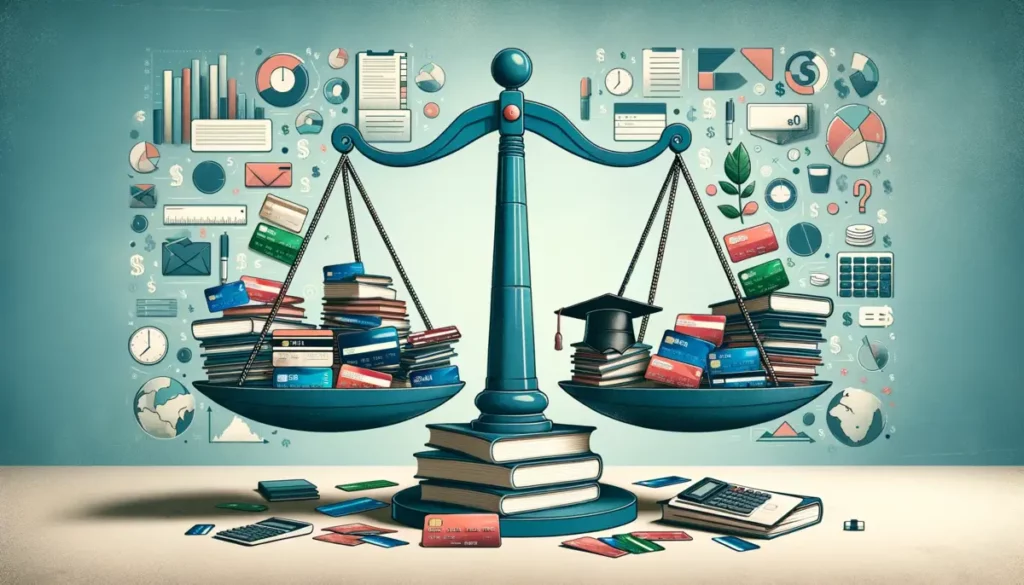 An informative illustration depicting the concept of consolidating credit card debt with student loans. The image shows a metaphorical balance scale in the center. On one side, there's a colorful array of credit cards, symbolizing various types of credit card debts. Opposite them, a pile of textbooks and a graduation cap represent student loans and education. The background features abstract elements like calculators, graphs, and dollar signs, creating a balanced visual narrative about financial decision-making. The color scheme of blues, greens, and beiges adds a serious yet hopeful tone, highlighting the financial challenges and potential solutions