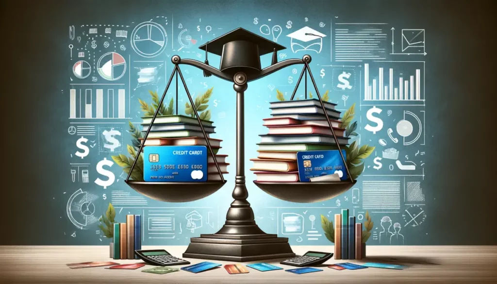 An informative illustration depicting the concept of consolidating credit card debt with student loans. The image shows a metaphorical balance scale in the center. On one side, there's a colorful array of credit cards, symbolizing various types of credit card debts. Opposite them, a pile of textbooks and a graduation cap represent student loans and education. The background features abstract elements like calculators, graphs, and dollar signs, creating a balanced visual narrative about financial decision-making. The color scheme of blues, greens, and beiges adds a serious yet hopeful tone, highlighting the financial challenges and potential solutions