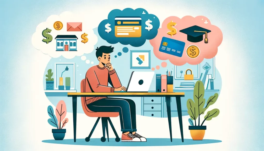 A young adult sits thoughtfully at a desk with a laptop open to a page about student loans and credit cards. Thought bubbles with a dollar sign, a credit card, and a graduation cap float around them in a cozy home office setting, symbolizing financial and educational decision-making.