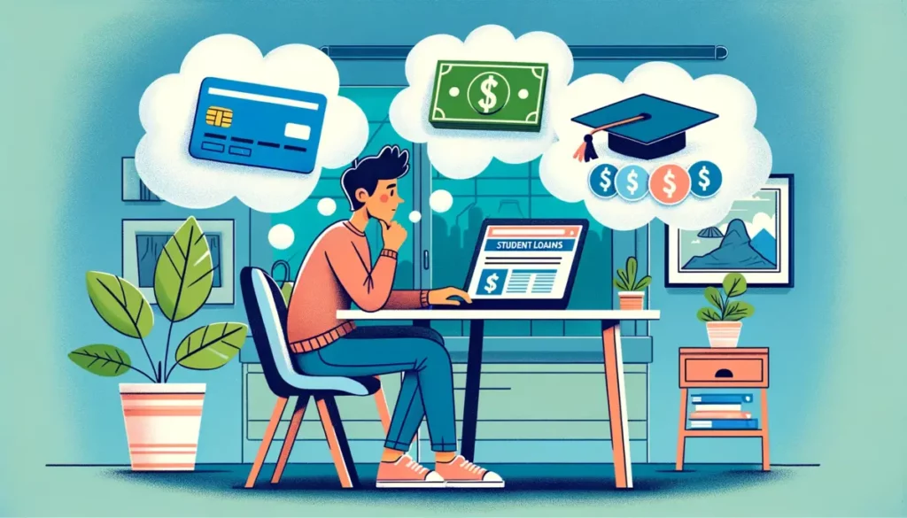 A colorful and slightly cartoonish image of a young person at a desk, surrounded by thought bubbles depicting a dollar sign, a credit card, and a graduation cap. They are engaged in deep thought about student loans and credit cards, as indicated by the laptop screen, in a comfortable home office environment.