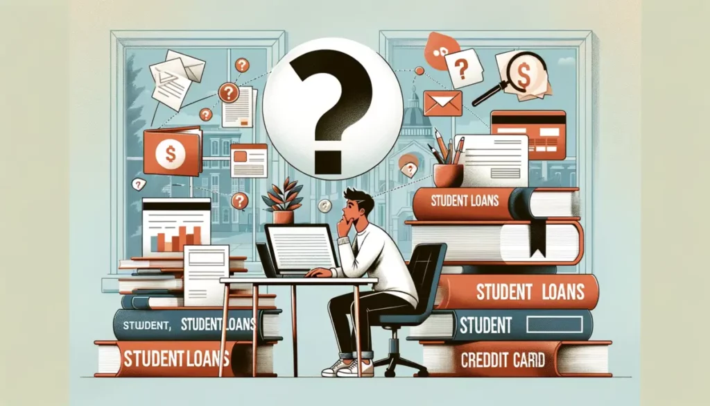 An educational illustration showing a thoughtful student at a desk, surrounded by icons and documents related to student loans and credit cards. A prominent question mark captures their contemplation. On one side are books about student loans, and on the other, credit card forms. The setting includes a study environment with a university campus visible through a window, conveying the article's theme.