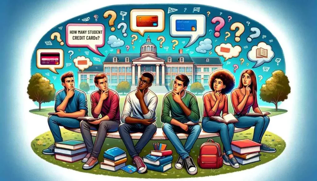 Illustration of four college students of diverse backgrounds (Caucasian, Hispanic, Black, and Asian) in a lively discussion on a university campus, pondering over the number of student credit cards to have. One student holds a credit card. Background elements include university buildings, question marks, and books, all presented in a cartoonish style.