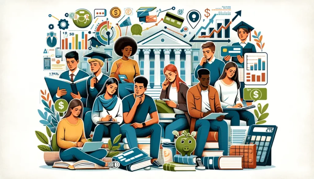 Informative cartoon depicting diverse college students (including Caucasian, Hispanic, Black, and Asian individuals) in a campus environment, actively discussing and managing their finances. The scene includes educational and financial elements such as books, calculators, credit cards, and rising cost graphs, highlighting the complexities of financial planning and credit card usage for students.