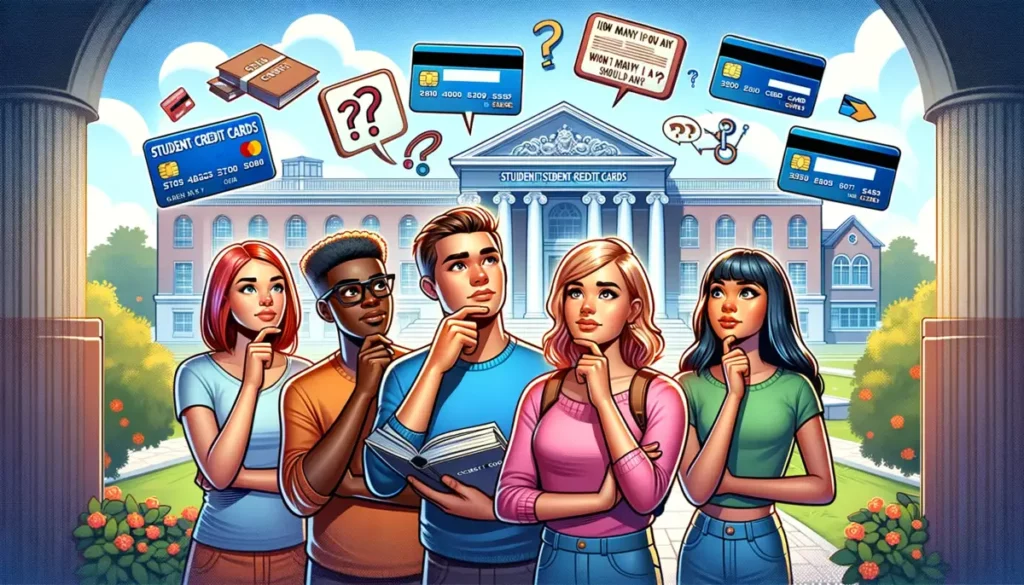 A colorful cartoon drawing showing a group of four diverse college students (Caucasian, Hispanic, Black, and Asian) engaged in a thoughtful conversation about student credit cards on a campus setting. The scene includes educational symbols like credit cards, question marks, and books, emphasizing financial decision-making in a college environment.