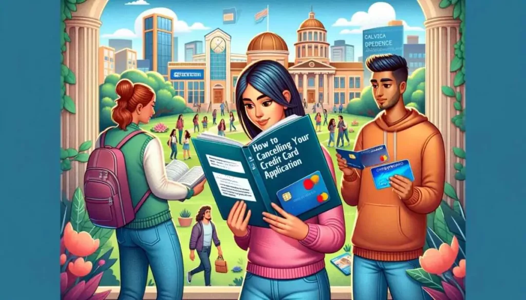 This image captures a vibrant college scene with students actively involved in campus life. A young Hispanic woman is seen reading a 'Guide to Cancelling Your Credit Card Application', and a Middle-Eastern man is examining two different credit card offers. The setting is filled with students walking, studying, and socializing, framed by banners and signs about financial literacy, highlighting the importance of understanding and managing financial choices among students.