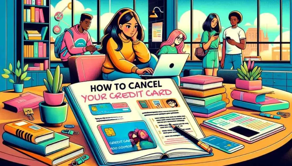 This illustration captures a group of college students collaboratively working to cancel a credit card application. The scene is vibrant, with a South Asian woman intently using a laptop and a Black man talking on his phone. An instructional book, prominently displayed, provides step-by-step guidance, complementing the lively, educational atmosphere of the room filled with student paraphernalia.