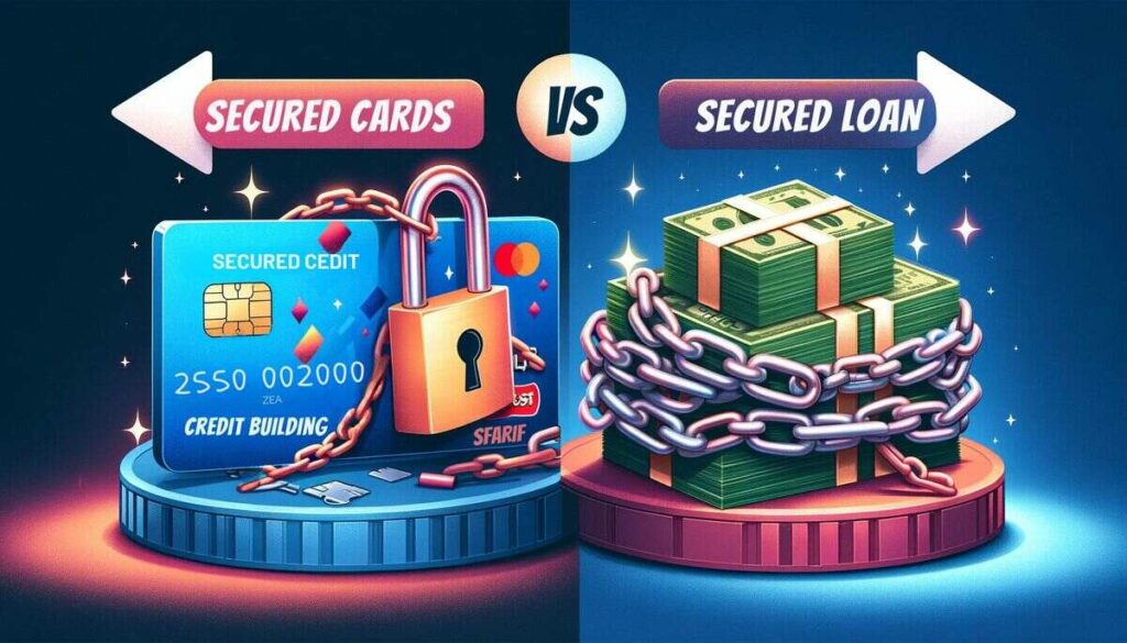 Educational illustration with a vibrant Secured Credit Card on the left, featuring a lock symbol and chains, and a Secured Loan depicted as a chained stack of cash on the right. A label reads 'Secured Credit Cards vs Secured Loans' in the center, with key differences highlighted in small text boxes.