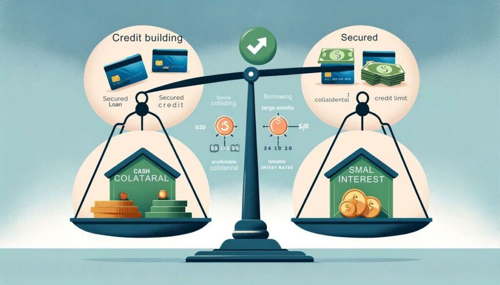 showcasing the pros and cons of Secured Credit Cards and Secured Loans. The left side features a Secured Credit Card with icons for credit building, small cash collateral, and a rising credit limit. The right side displays a Secured Loan with symbols for large borrowing amounts, asset collateral, and low interest rates. A balanced scale in the center emphasizes the choice based on personal circumstances and goals.