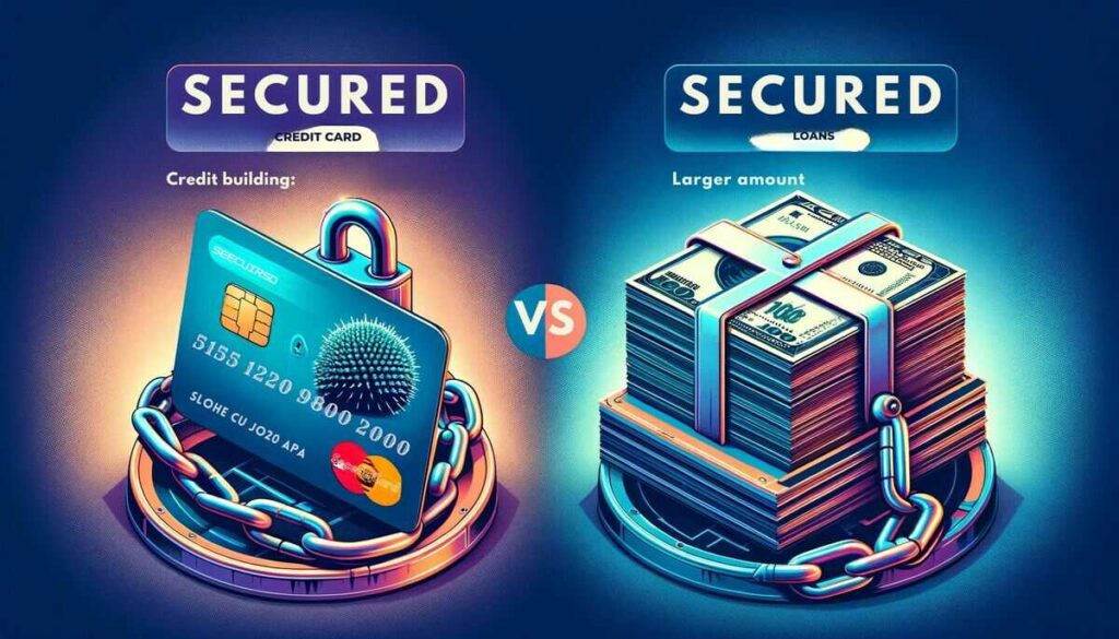 Informative graphic showing a colorful Secured Credit Card secured with chains and a lock on the left, opposite a Secured Loan represented by chained cash on the right. Central bold label states 'Secured Credit Cards vs Secured Loans,' with small, detailed text boxes outlining their distinctive features.