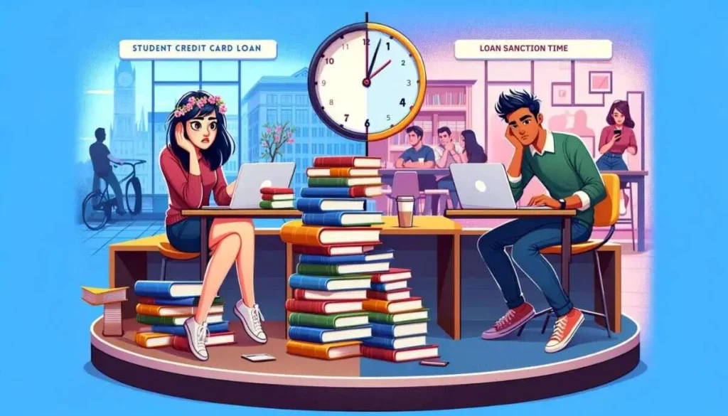 On the left, a stressed young South Asian female student in a library, symbolizing a long loan process. On the right, a relaxed young Hispanic male student in a cafe, representing a quick loan process. The background features clocks indicating different durations for each scenario. student credit card loan sanction time