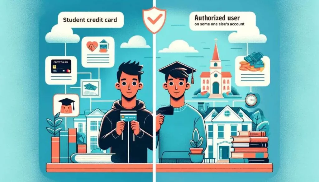 image shows a split scenario with one side representing a student with their own credit card and the other side depicting an authorized user on someone else's account.