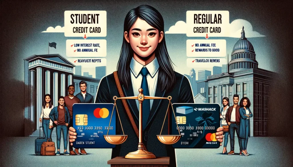 A divided illustration showcasing two types of credit cards. The left side features a young Asian female student with a student credit card, emphasizing benefits like no annual fee, in front of a college campus. The right side presents a Middle-Eastern businessman with a regular credit card, showcasing cashback rewards, against an urban background. A balance scale in the center represents the comparison between the card types.