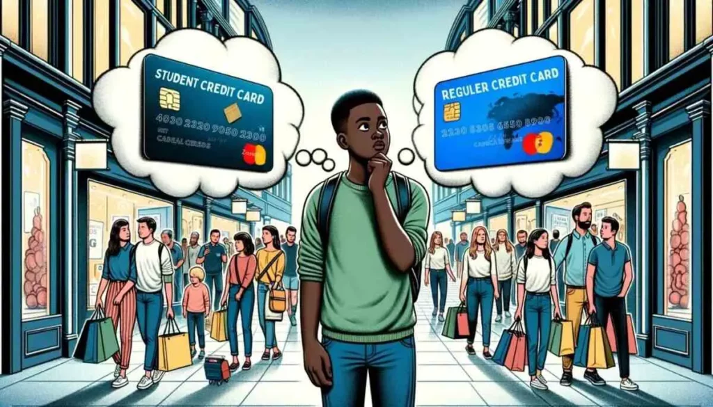 An illustration set in a vibrant shopping mall filled with shoppers of various descents using different credit cards. In the foreground, a thoughtful young Black college student is caught in a decision, visualized through thought bubbles showing a student credit card with features like low fees and academic rewards, and a regular credit card with travel perks and higher limits. The scene captures the variety of options and the decision-making process for students new to credit cards.