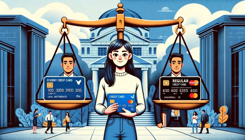 a young Asian college student holds a student credit card, with features like low interest and rewards for good grades displayed, set against a university campus backdrop. On the right, a Middle-Eastern man in business attire holds a regular credit card, with features like higher credit limits and travel perks highlighted, set in a city scene. A balanced scale in the middle symbolizes the decision-making process.