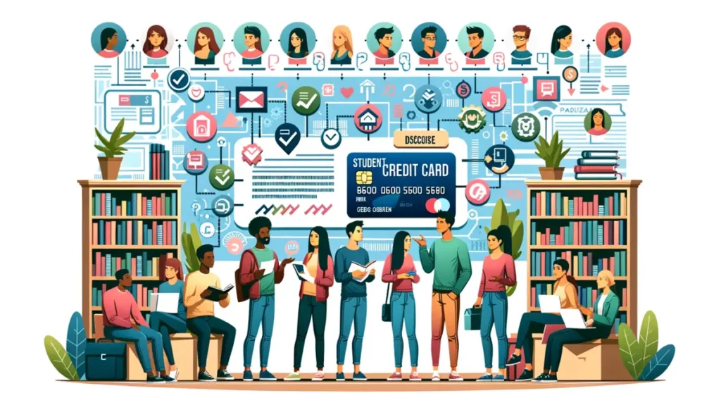An educational illustration showing a diverse group of students in a university library, with one holding a 'Student Credit Card.' An infographic in the background displays various credit card types and tips for students without an SSN or ITIN, symbolizing informed decision-making.