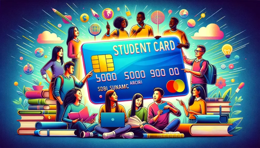 Diverse students, representing Asian, Black, Hispanic, and Caucasian ethnicities, discussing and pointing at a floating 'Student Credit Card' in a colorful, academic environment.