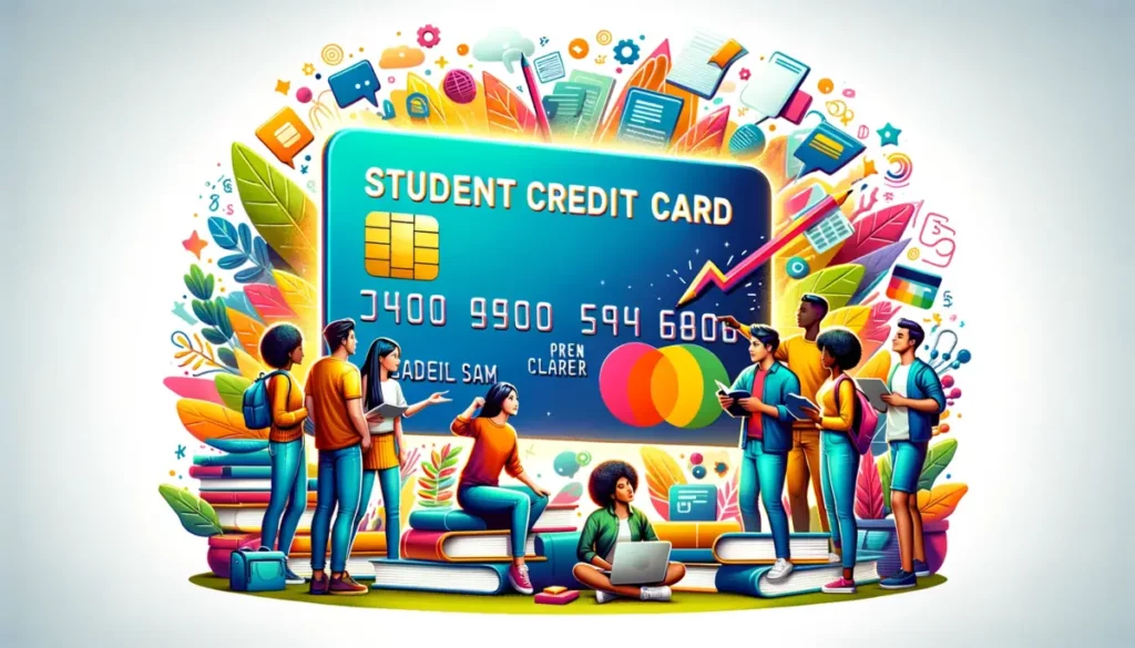 A vibrant illustration of international students from various ethnic backgrounds gathered around a glowing 'Student Credit Card' floating in the air, in a university setting with books and laptops.