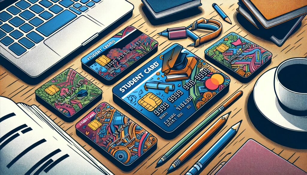 llustration of student credit cards arrayed on a wooden desk, each with vibrant, student-themed designs. In the background, a laptop displaying educational websites, textbooks, and a coffee mug, creating a typical student study area ambiance.