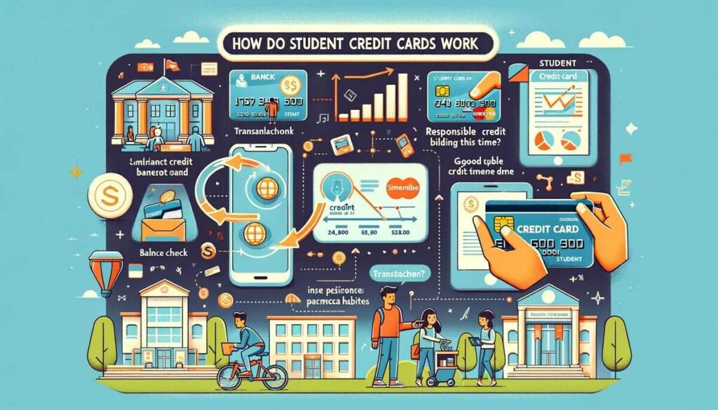 Educational illustration divided into sections, each detailing a different aspect of how student credit cards work, including receiving a card, making transactions, using a mobile banking app, and building credit over time, all set against a university campus backdrop.