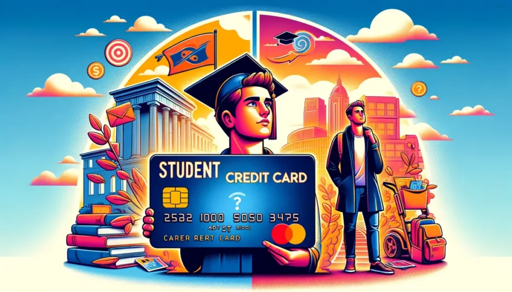 An illustration showing a college student with student life symbols like textbooks, holding a student credit card. Next to them, the same individual as a professional, pondering over a credit card with a question mark, against a backdrop transitioning from a university campus to a city skyline.