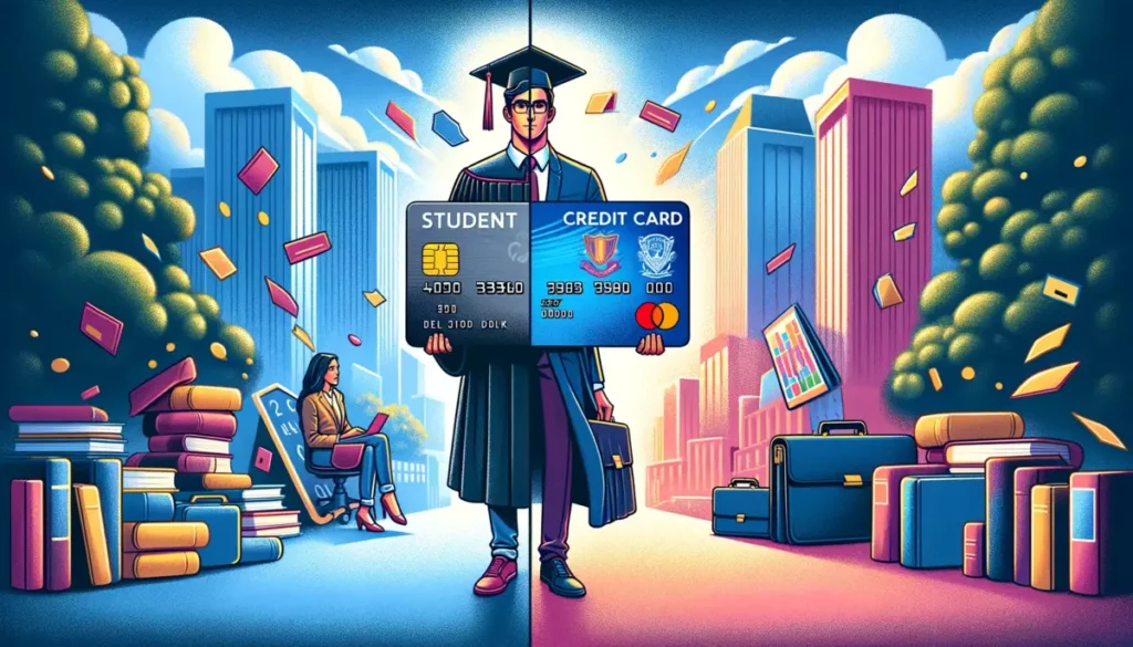 A conceptual illustration showing a young adult in graduation attire on the left, holding a student credit card, against a backdrop of a college campus. On the right, the same person in professional clothes holds a standard credit card, with an office environment in the background.