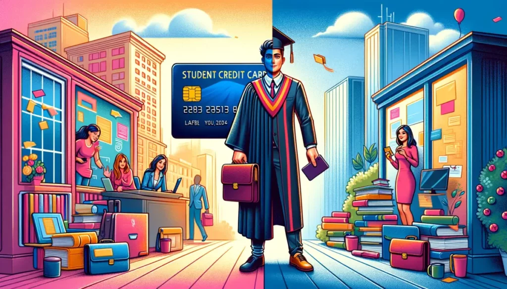 An artistic representation of a graduate's transition from student to professional life, with a split scene. On the left, a graduate holds a student credit card; on the right, the same person in business attire holds a regular credit card, set against contrasting backgrounds of a university and an office setting.