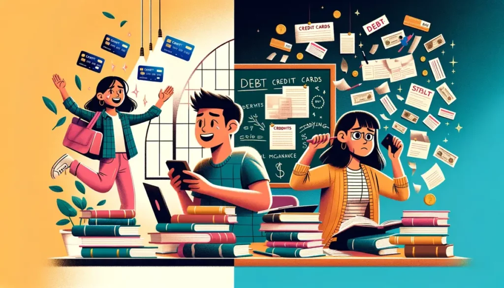 The same scene with variations in artistic details, portraying the contrasting lives of college students with and without credit cards. The left side shows a content Asian male student focused on academics, while the right side depicts a troubled Hispanic female student burdened by excessive credit cards and financial stress.