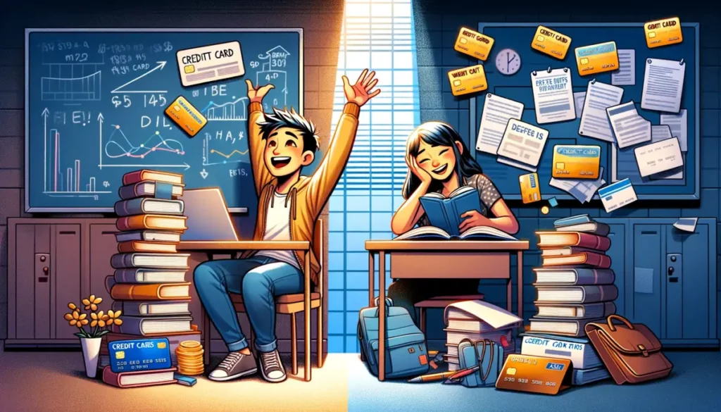 An illustrative scene divided into two parts. On the left, a happy Asian male college student is engaged in studies, surrounded by books in a bright classroom setting. On the right, a stressed Hispanic female college student is surrounded by an overwhelming number of credit cards, bills, and debt notices in a dimly lit environment, illustrating the challenges of financial management.