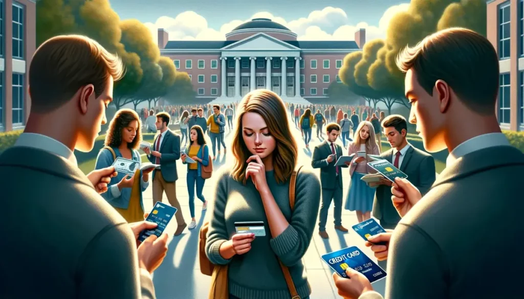 A diverse group of college students is depicted on a campus. In the foreground, a contemplative Caucasian female student holds a credit card offer, surrounded by representatives and financial advisors from different banks, each presenting tempting credit card deals. The background shows students engaged in typical college activities, like studying and socializing, creating a vivid portrayal of college life filled with financial choices and decisions.