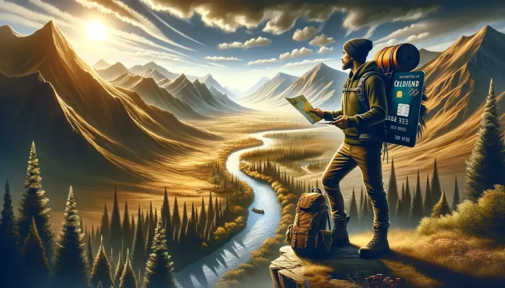 illustrations capturing the essence of adventure travel combined with the concept of using credit cards wisely. Each scene showcases a rugged traveler in a breathtaking landscape, symbolizing both the spirit of exploration and financial savvy.