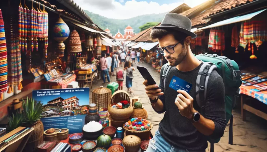 A solo traveler compares travel credit cards on their smartphone in a vibrant marketplace, surrounded by local handicraft stalls and the lively atmosphere of a tourist destination.