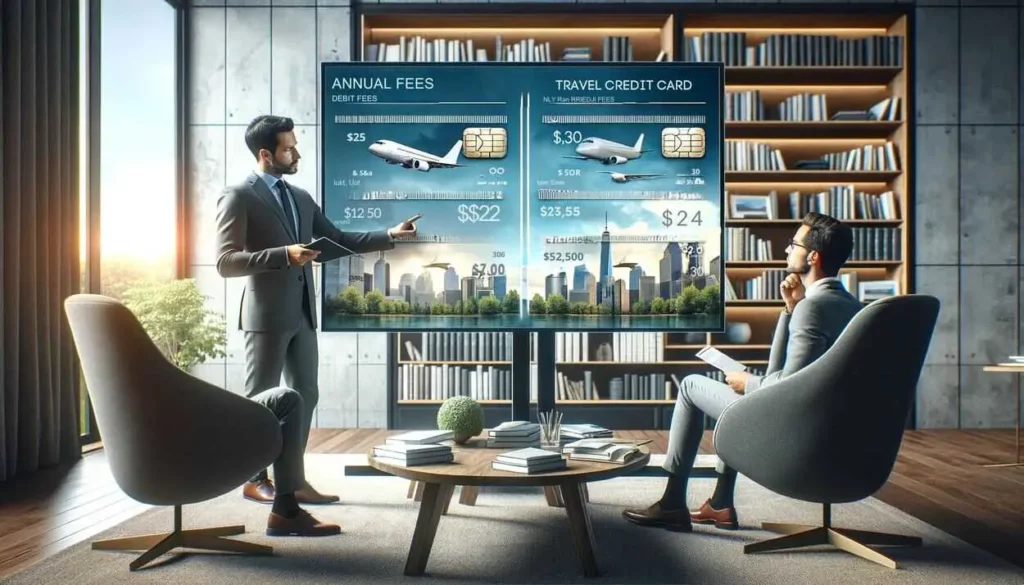 A financial advisor in a professional setting presents travel credit card options to a client, highlighting annual fees and benefits on a digital screen, with a well-appointed office and city skyline in the background
