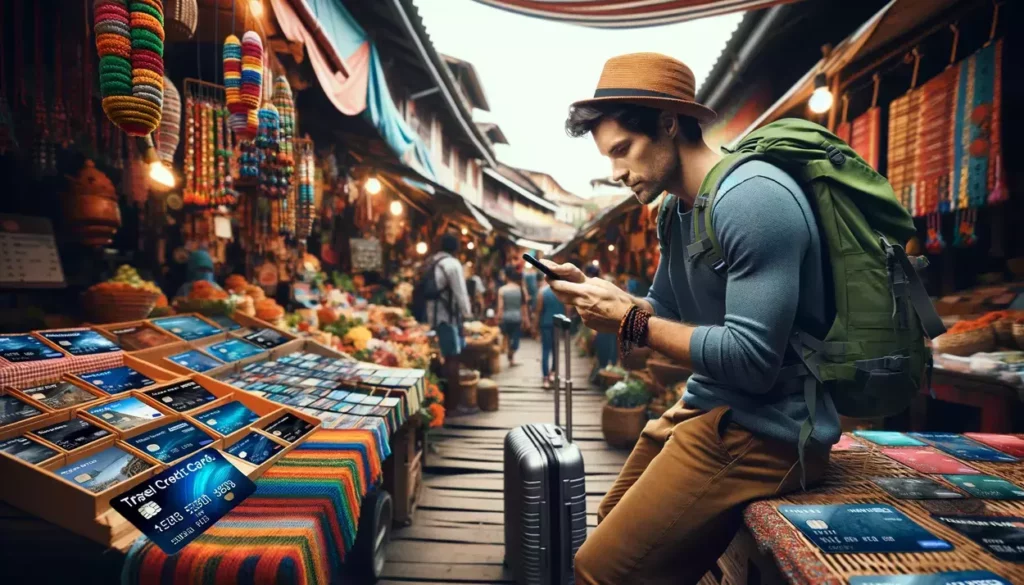 A solo traveler compares travel credit cards fees on their smartphone in a vibrant marketplace, surrounded by local handicraft stalls and the lively atmosphere of a tourist destination.