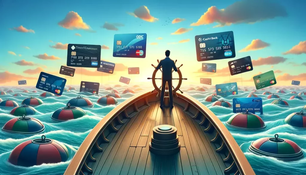 journey of managing travel credit cards as a navigational adventure at sea. These visuals bring to life the concept of steering through the vast options of financial tools with strategic insight and foresight.