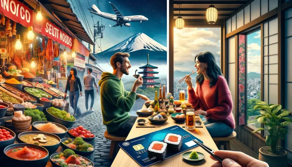 images visualizing an adventurous couple exploring culinary delights from street food markets in South America to a high-end sushi restaurant in Japan, with the narrative seamlessly connecting these diverse experiences through their use of specialized credit cards for travel and dining.