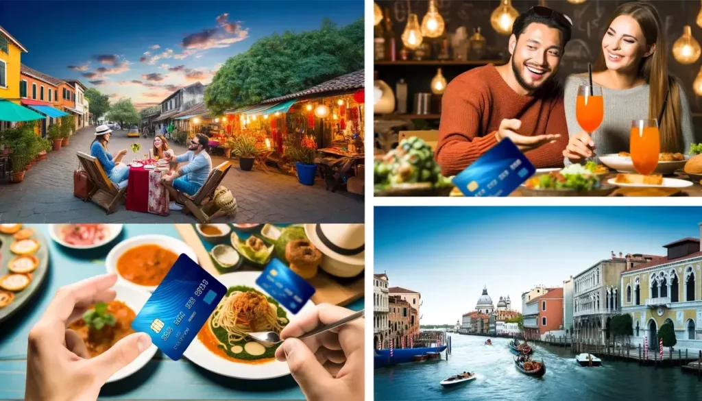 images that illustrate a scene of foodies traveling the world, enjoying various culinary experiences across different cultures. The scenes capture both cozy street food and luxurious dining experiences, highlighting the joy of travel and gastronomy with credit card elements indicating travel and dining rewards.