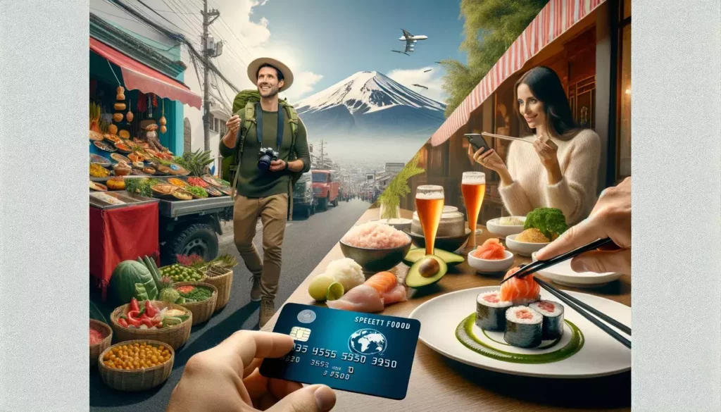 images visualizing an adventurous couple exploring culinary delights from street food markets in South America to a high-end sushi restaurant in Japan, with the narrative seamlessly connecting these diverse experiences through their use of specialized credit cards for travel and dining.