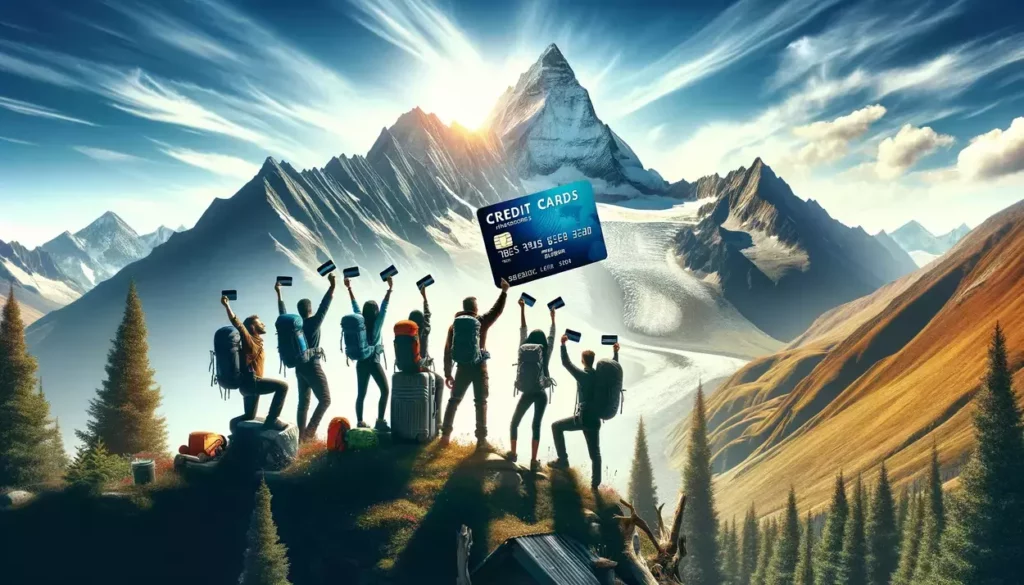 a scene of adventure and exploration with a group of friends atop a mountain, embodying the spirit of freedom and security provided by their credit cards.