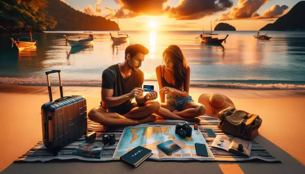visualizing a serene moment of a couple discovering the benefits of travel credit cards on a picturesque beach at sunset. Each image captures the essence of planning and anticipation for future travels facilitated by the rewards and opportunities of travel credit cards.