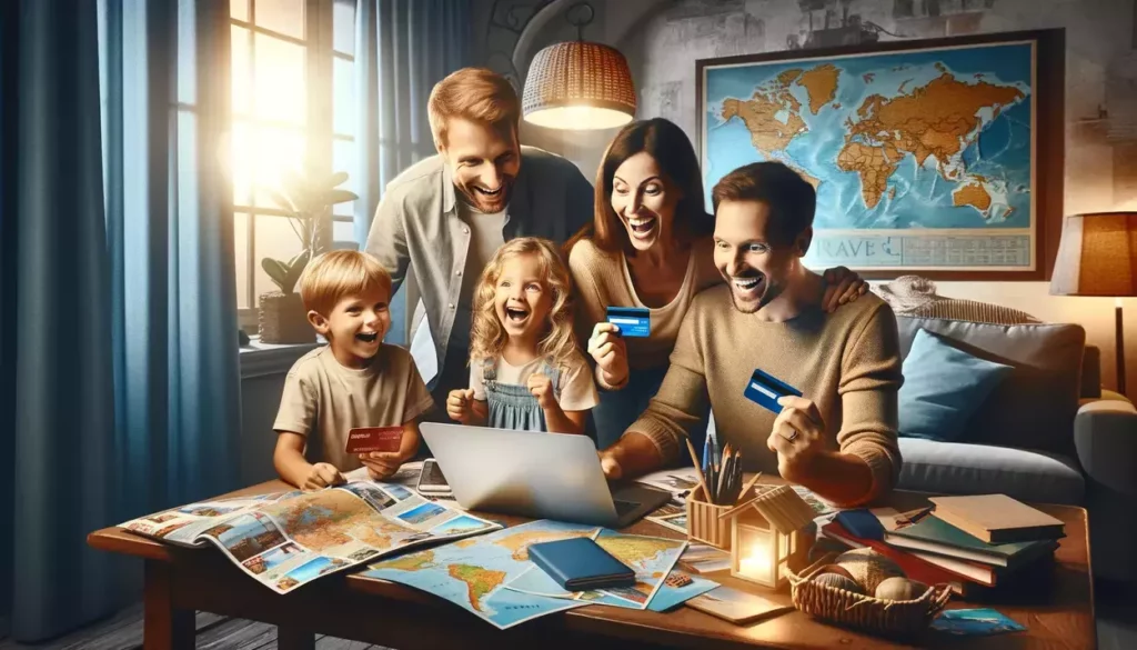 illustrations depicting a family excitedly planning their next vacation, surrounded by travel brochures and a laptop displaying travel deals. The scene is set in a cozy living room with travel-themed decorations, capturing a moment of joy and anticipation