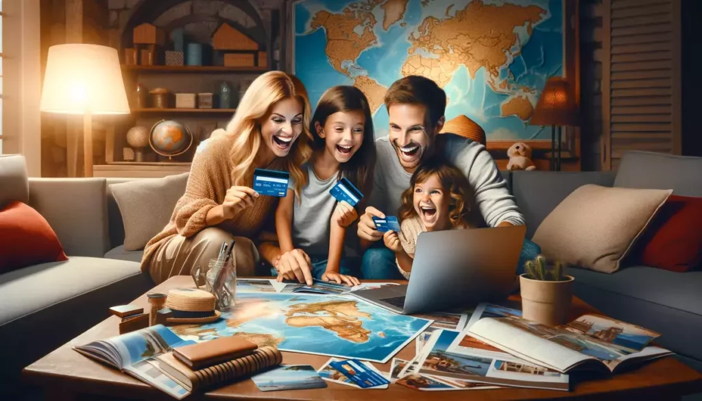 illustrations depicting a family excitedly planning their next vacation, surrounded by travel brochures and a laptop displaying travel deals. The scene is set in a cozy living room with travel-themed decorations, capturing a moment of joy and anticipation