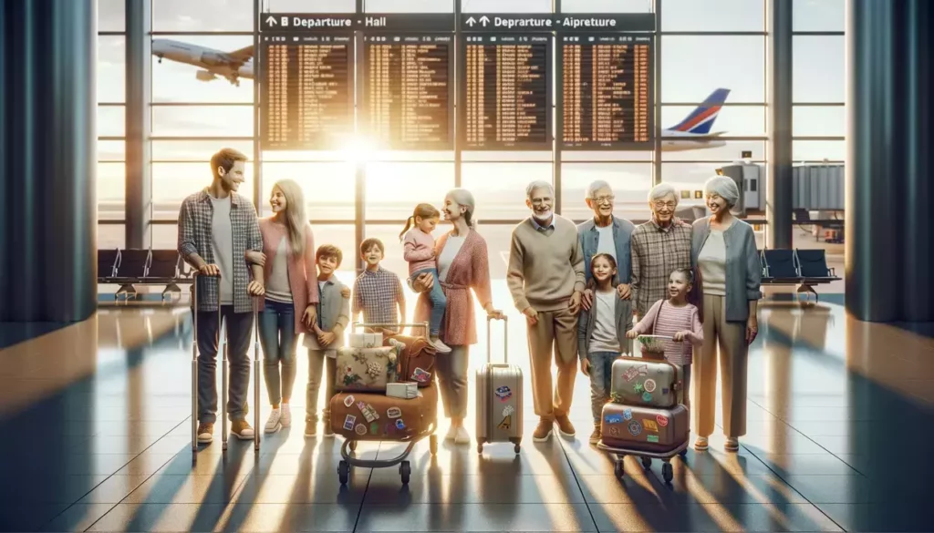 illustration for you, depicting a multi-generational family at an airport, embarking on a vacation together. This scene captures the excitement and familial bonds of shared travel experiences with Best Travel Credit Cards for Families
