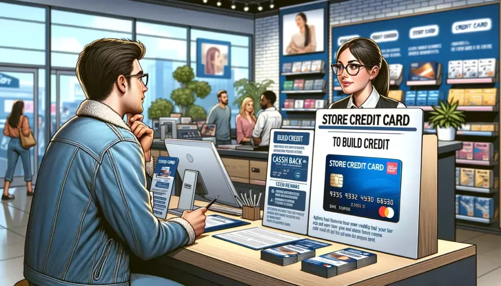Inside a modern retail environment, a thoughtful customer learns about building credit through a store card from a helpful employee, with a computer screen displaying the application form in the background.