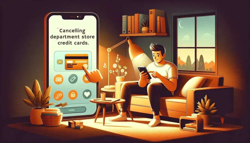 Here are the visualizations depicting the process of cancelling department store credit cards with a focus on digital efficiency, showing an individual using a smartphone app for financial management in a comfortable home environment.