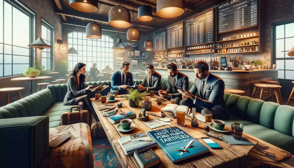 illustrations depicting a group of travelers in a sophisticated coffee shop setting, discussing the best strategies for credit card points transfer to maximize their miles.