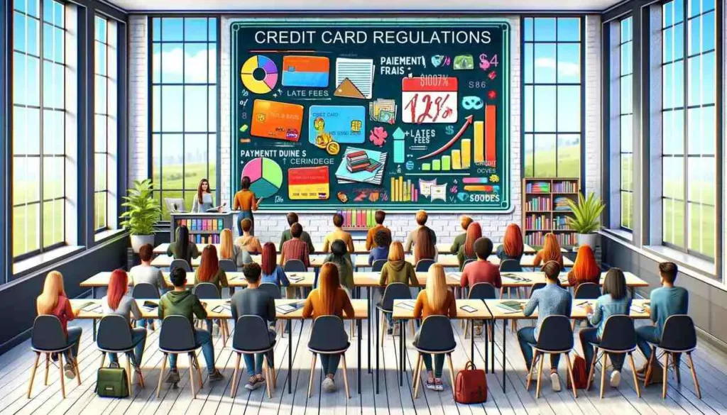 The illustration showcases a modern, inviting classroom setting where a diverse group of students sits, engaging with a colorful infographic on credit card regulations for students displayed on the wall. This infographic vividly outlines key aspects such as interest rates, represented by a percentage sign, late fees, the importance of maintaining a good credit score depicted through a rising graph, and reminders of payment due dates with a calendar symbol. The room is bathed in natural light, emphasizing the students' keen interest and engagement with the educational material.