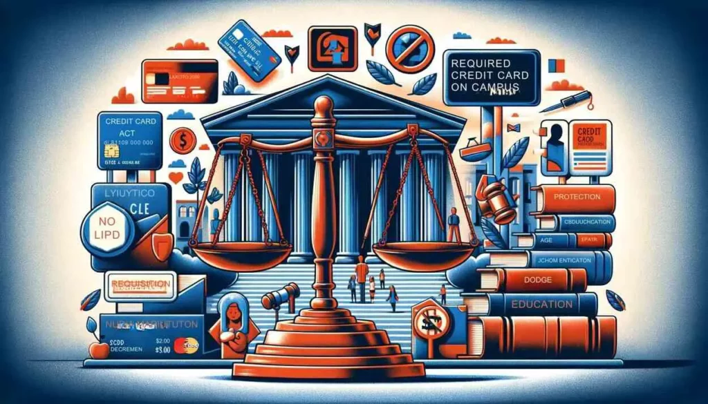 The illustration vividly portrays the significance of credit card rules and regulations for students across a divided scene, each segment dedicated to a key regulation aspect. It features symbolic imagery such as a gavel representing the Credit CARD Act of 2009, an ID card for age and income restrictions, a book symbolizing required credit card education, and a 'No Marketing' sign set against a campus backdrop for limitations on credit card marketing. This educational and visually compelling narrative conveys protection, responsibility, and empowerment within a college environment, emphasizing how these regulations protect students from unfair practices, prevent excessive debt, and promote financial responsibility.
