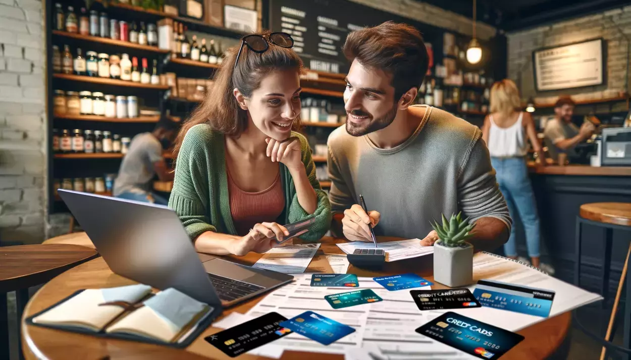featuring a young couple planning their credit card sign-up strategies in a coffee shop setting.